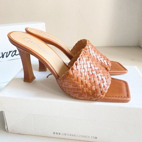 L'Intervalle Caramel Brown Woven Braided Square toe High  Heel Slides 41 - Picture 2 of 8